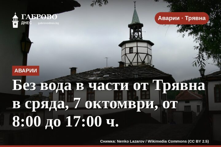 Без вода в части от Трявна в сряда, 7 октомври, от 8:00 до 17:00 ч.